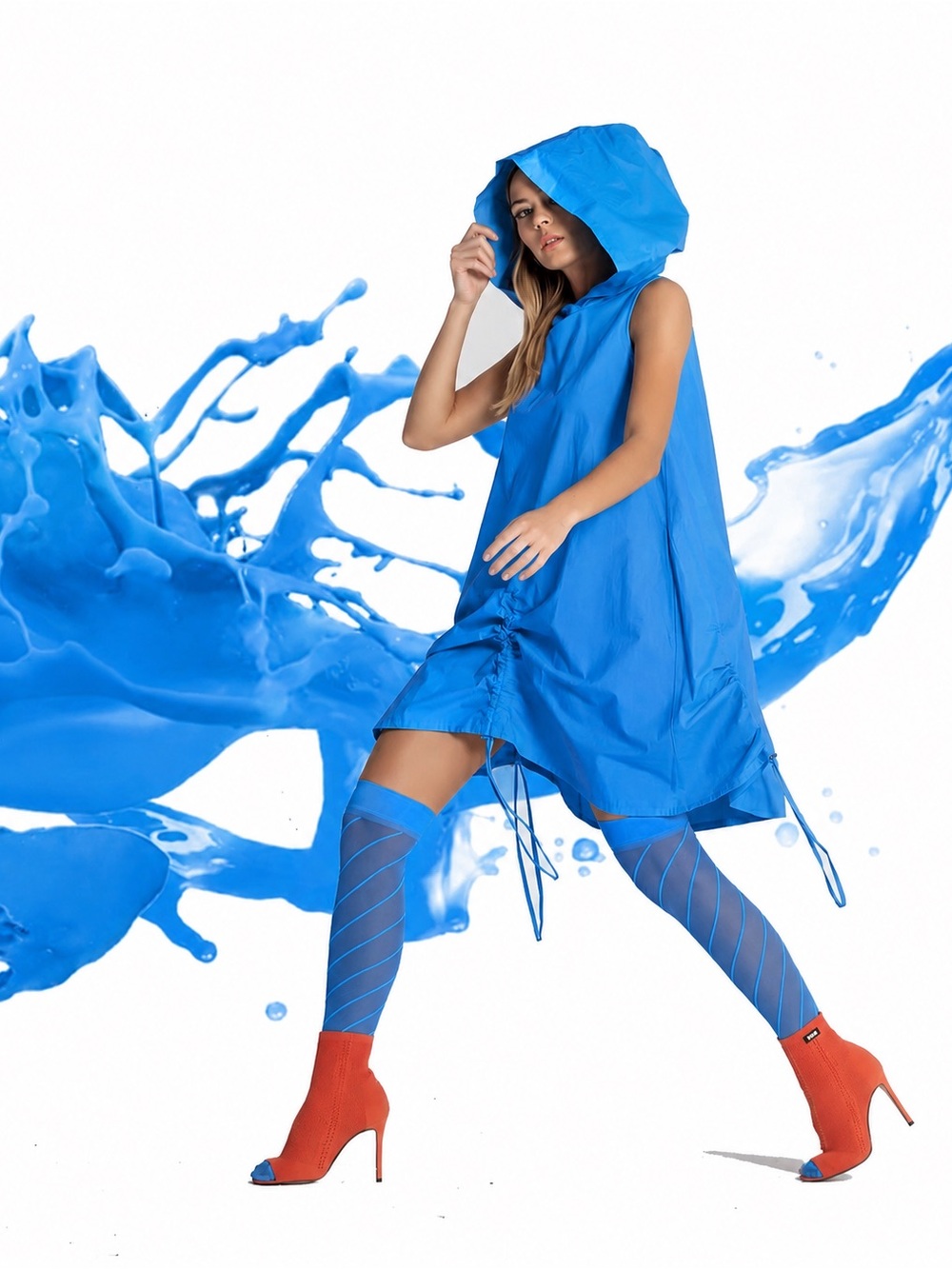 Bright Blue Sleeveless Hooded A-Line Dress